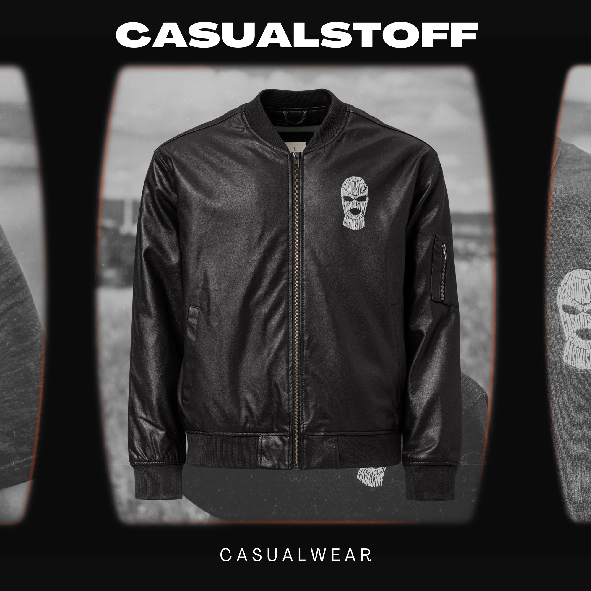 Casualstoff™ Kunstleder-Bomberjacke – Weißer Stick (links)