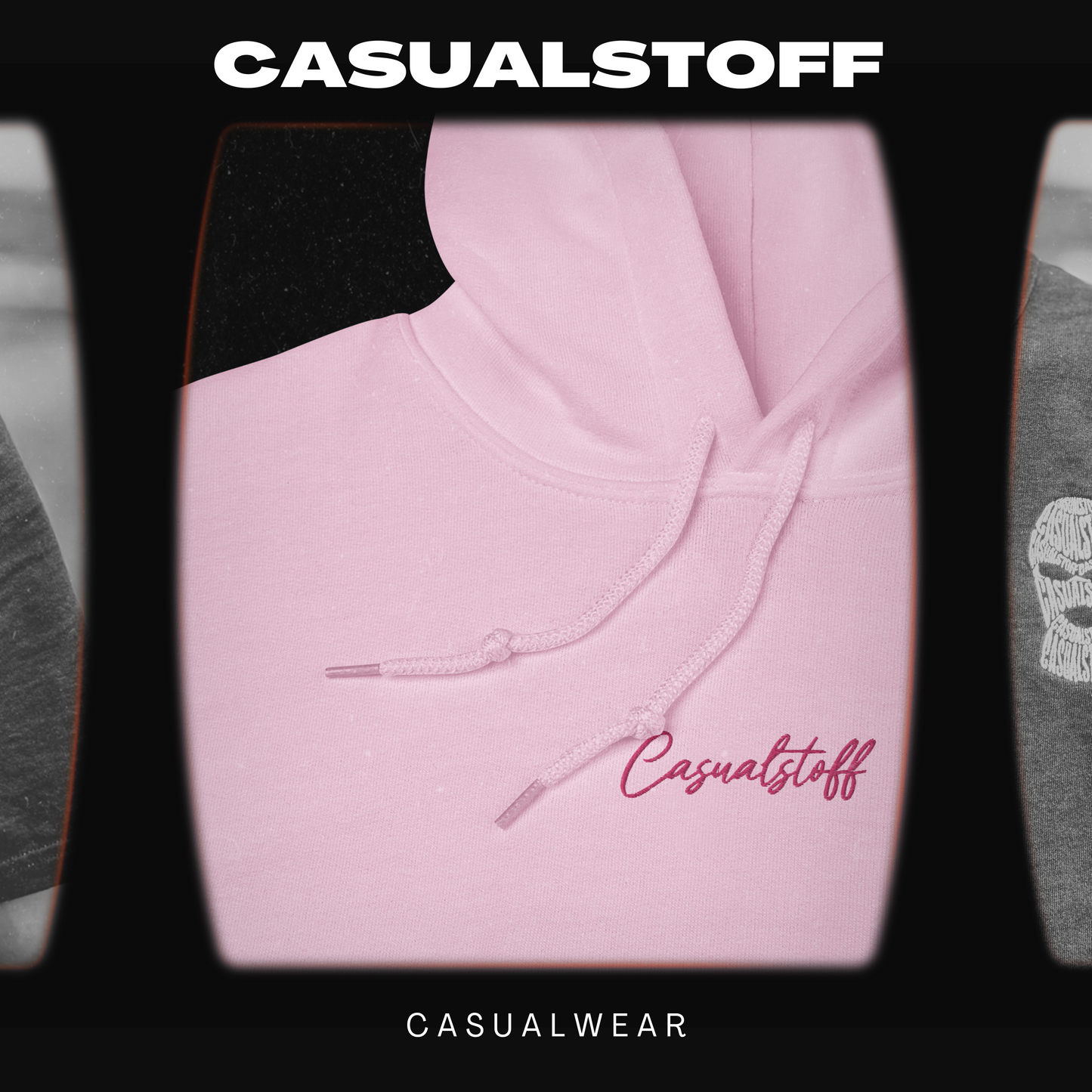 Hoodie mit in Pink gesticktem 'Casualstoff'-Schriftzug.