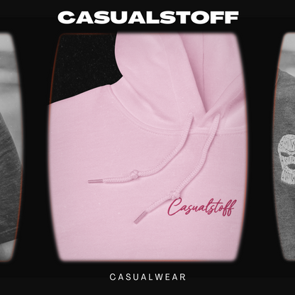 Hoodie mit in Pink gesticktem 'Casualstoff'-Schriftzug.