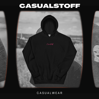 Hoodie mit in Pink gesticktem 'Casualstoff'-Schriftzug.