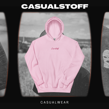 Hoodie mit in Pink gesticktem 'Casualstoff'-Schriftzug.