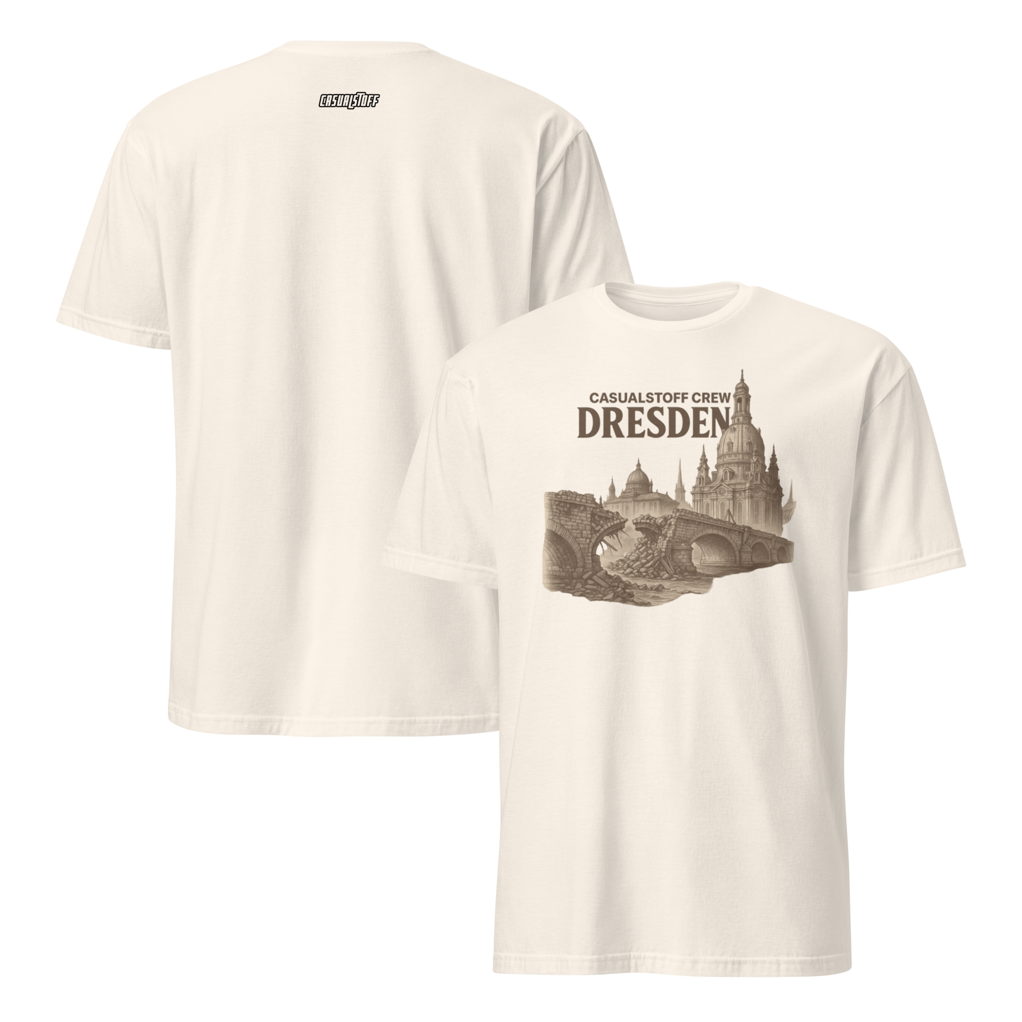 Casualstoff™ Dresden Crew Shirt – Subkultur trifft Architektur, Front- und Rückansicht