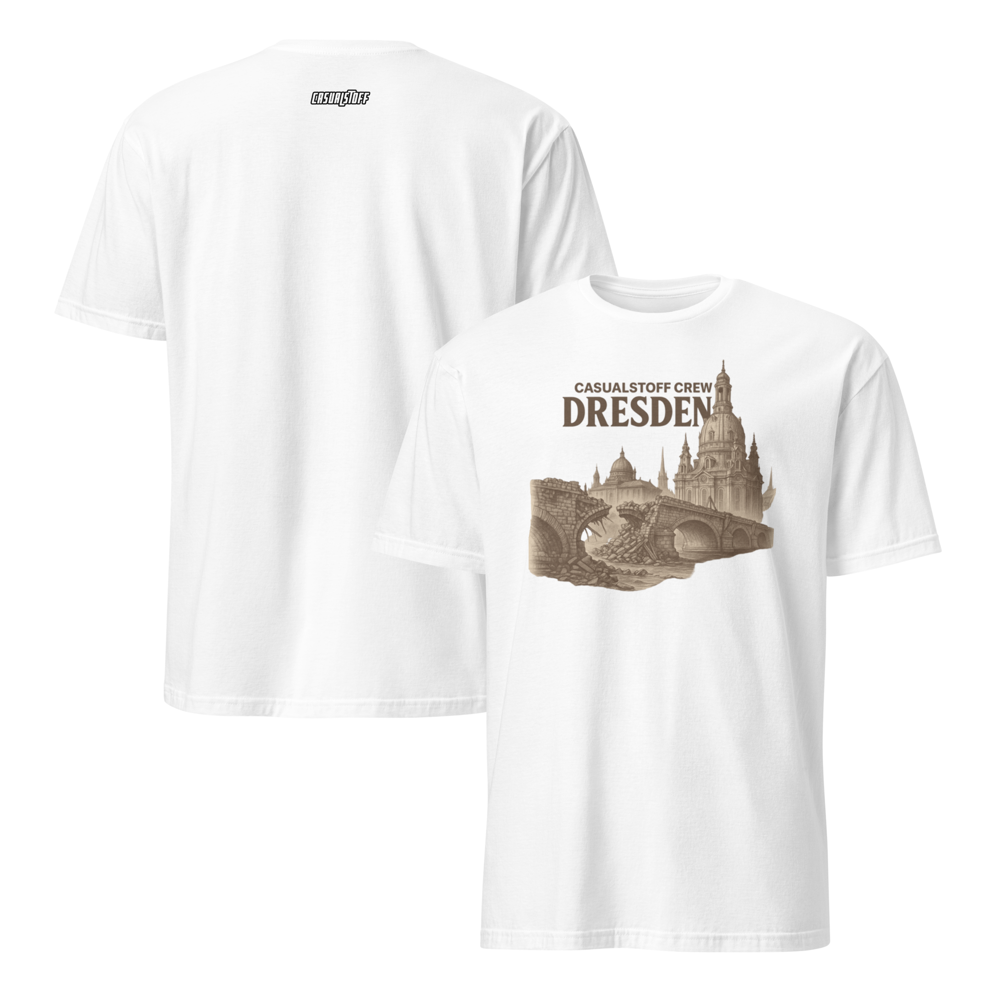 Casualstoff™ Dresden Crew Shirt – Subkultur trifft Architektur, Front- und Rückansicht